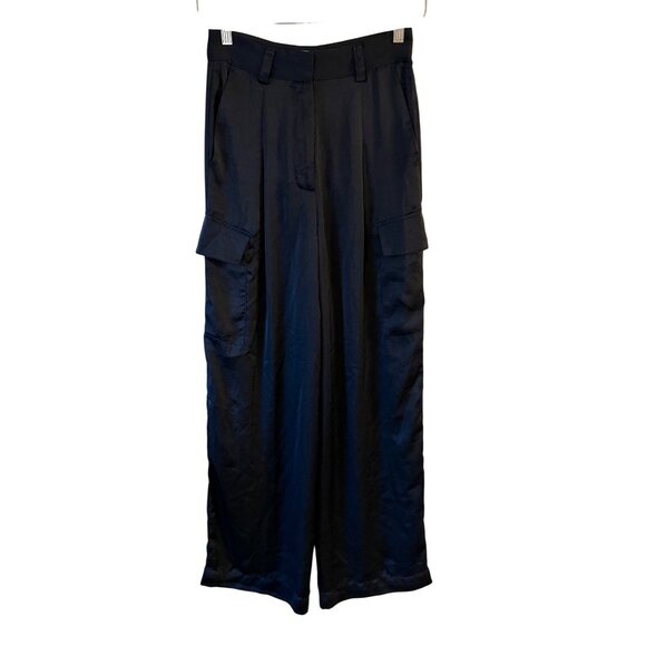Ba&sh Cary Cargo Style Wide Leg Pants Deep Navy Blue Satin Sz 34/XS - Picture 5 of 13